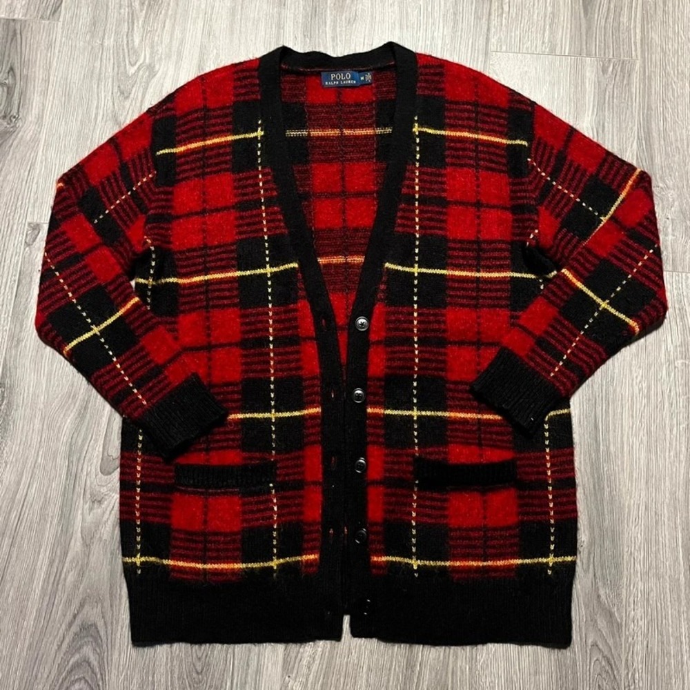 Vintage 90s Polo Ralph Lauren Alpaca Wool Tartan Plaid Cardigan M